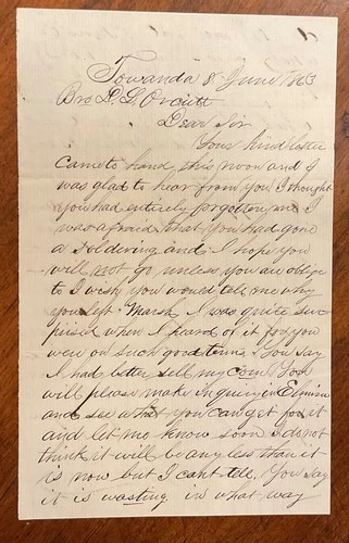 CIVIL WAR (ORCUTT) LETTER  1863 TOWANDA PA. WEEKS BEFORE GETTYSBURG