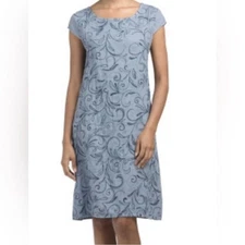 Lina Tomei Linen Cap Sleeve Embroidered Blue Sun Dress Size Large