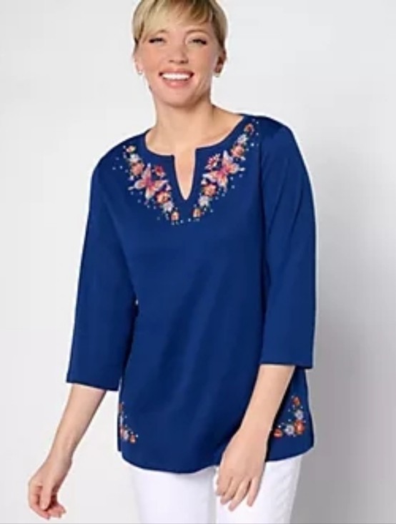 Quacker Factory Size 3X Blue Spring Is In The Air Floral Beaded Split Neck Top