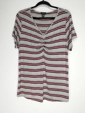 Justify Size 1X Gray Striped V-Neck Smock Front Tee Shirt NWT