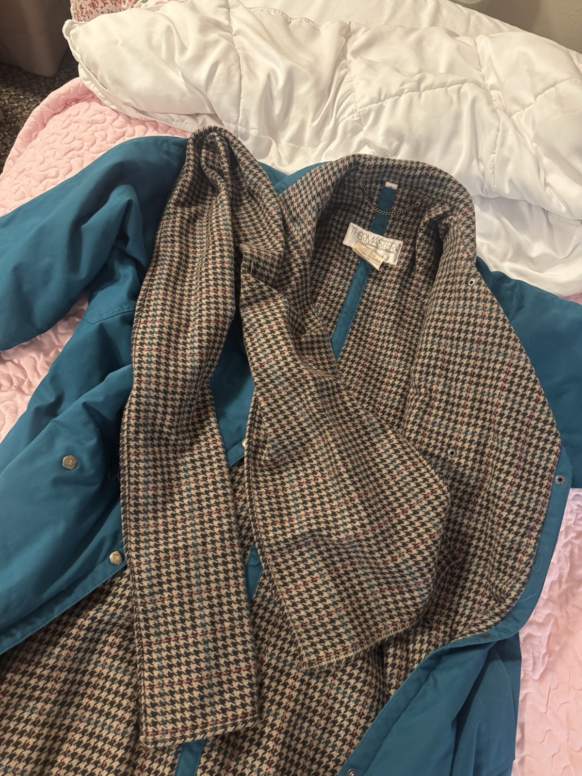 Thermaster Teal Brown Collared Button Coat wool L… - image 13