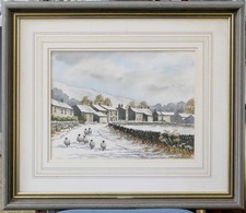 Contemporary original watercolour  by Anita Hall of sheep in snowy village lane