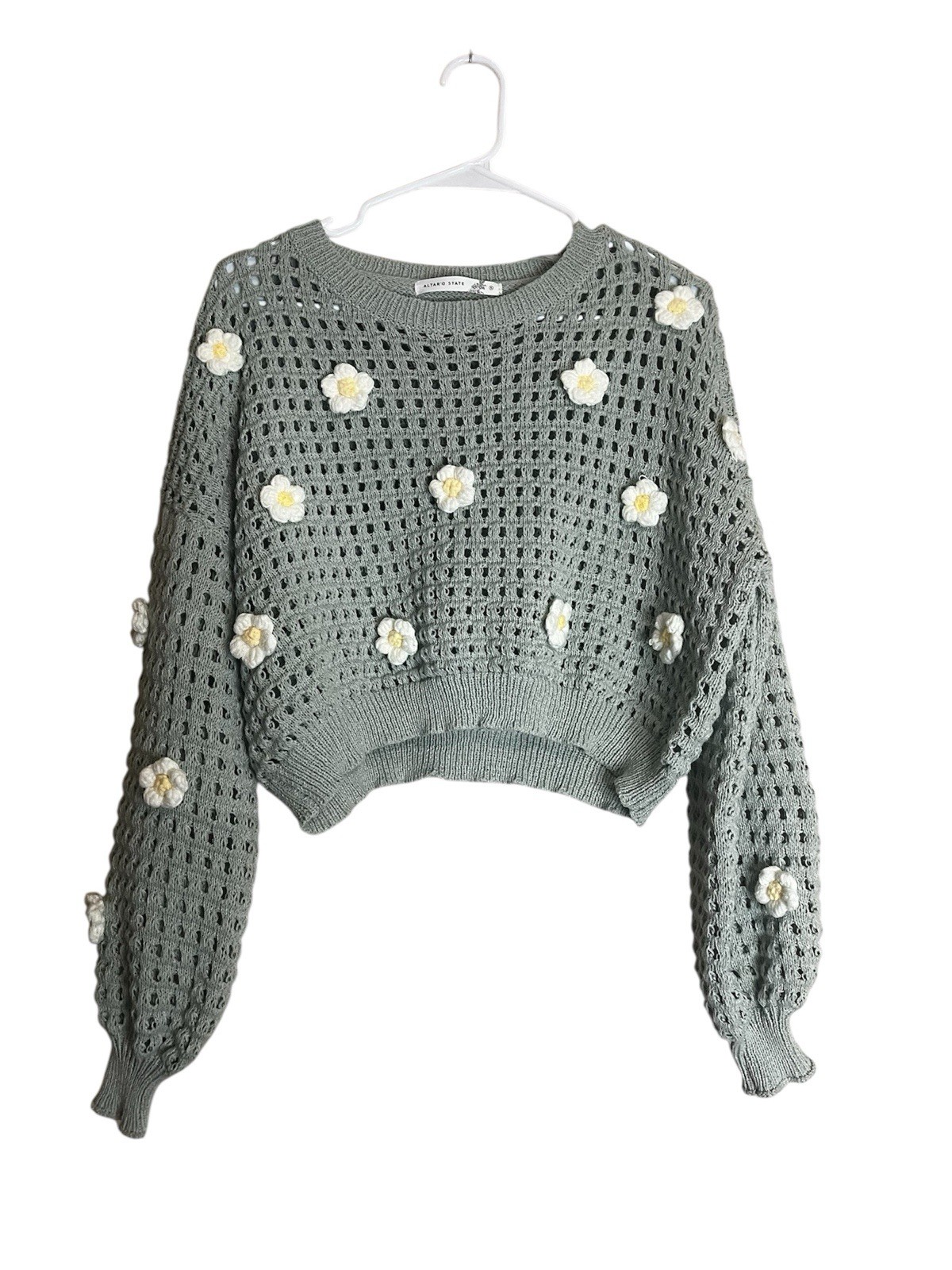 Altar'd State Sage Green Cropped Crew Neck Open-Knit Puff Sleeve Sweater Sz S