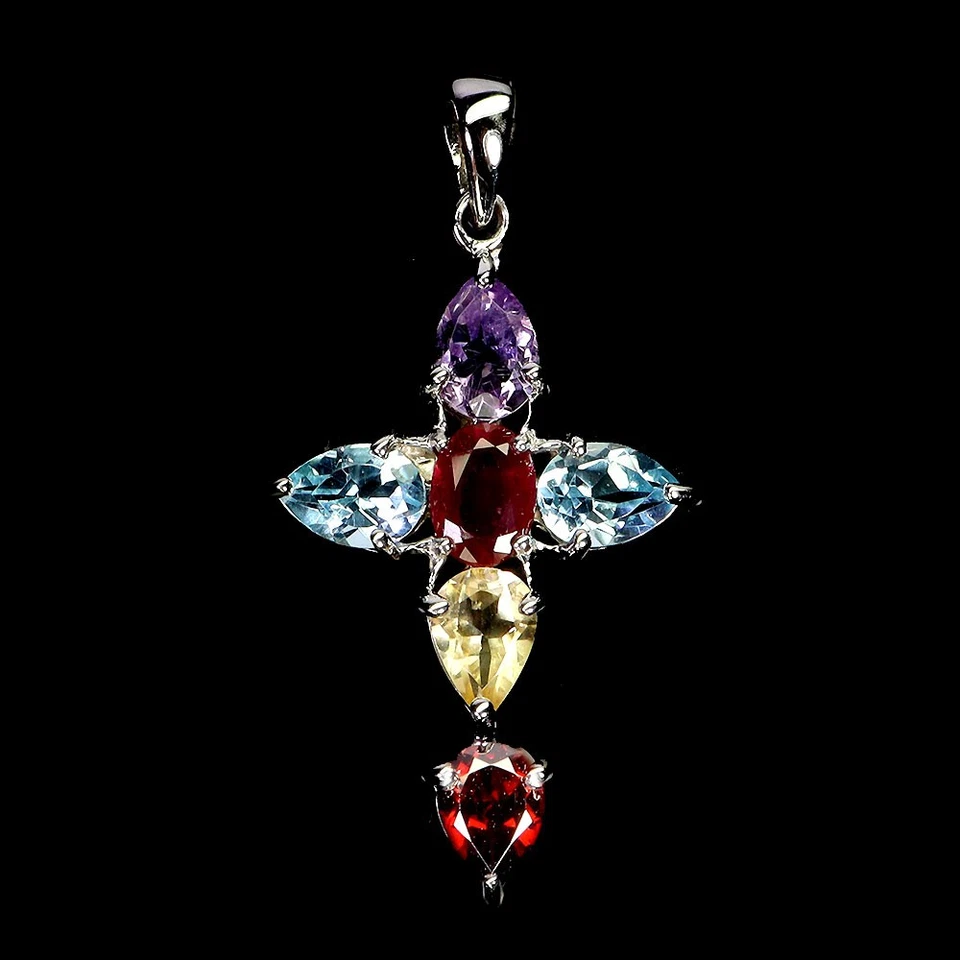 925 Pendente Argento Sterling Ovale Rubino Ametista Citrino Croce Gemma Gioielli - Immagine 2 di 4