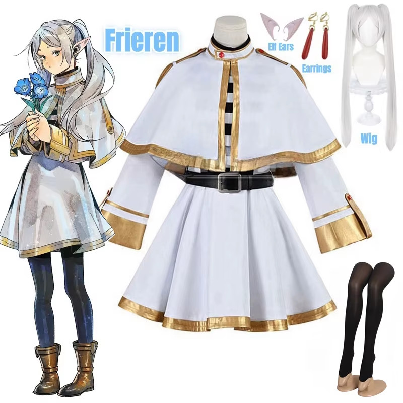 Sousou No Frien Disfraz Cosplay con Peluca Zapatos Orejas de Elfo Anime Vestido Conjunto