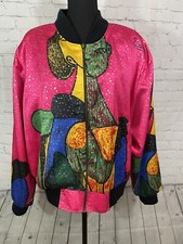 Vtg 80s 90s PICASSO Silk Art Bomber Jacket Coat novelty multicolor pinks One Sz.