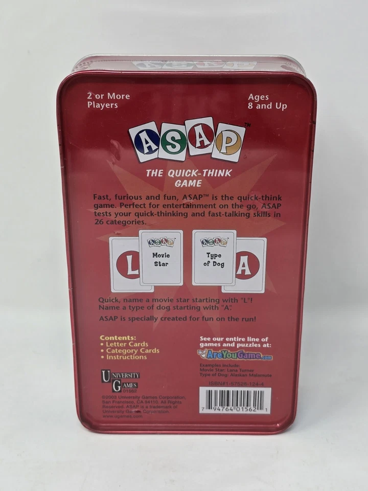 ASAP - The Quick-Think Card Game by University Games, 2003 - Tin Case - New - Image 2 of 4
