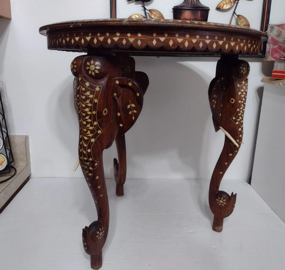 Indian Table Inlaid Mother Of Pearls Elephant Legs Round Table British antique - Image 2 of 4