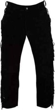 Men's Black Native American Western Buckskin Ragged Leather Pants Mountain Man
