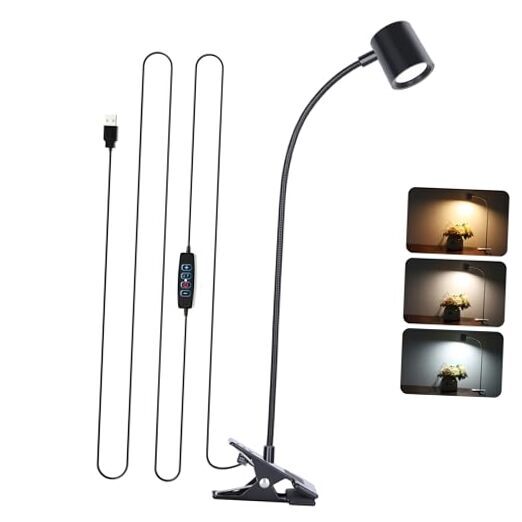 Desk Lamp,USB Clip On Light with 3 Color Modes,LED 10 Levels Matte Black