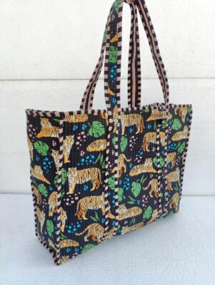 Indian Black Tiger Print Quilted Shoulder Bag Women's Beach Cotton Handbag US