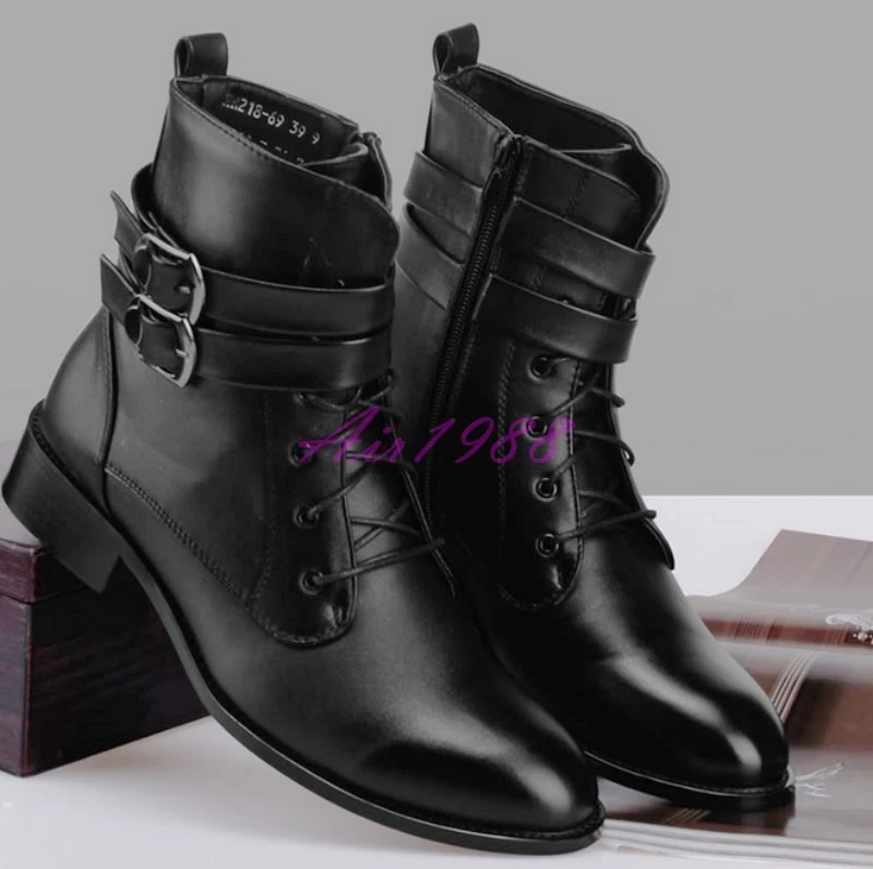 Hot Mens Biker Boots Pu Leather Pointy Toe Buckle Combat Work