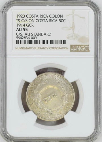 Costa Rica: 1923 Colon T9 C/S On 50 Centimos 1914 GCR, NGC AU 55, KM# 164 Silver