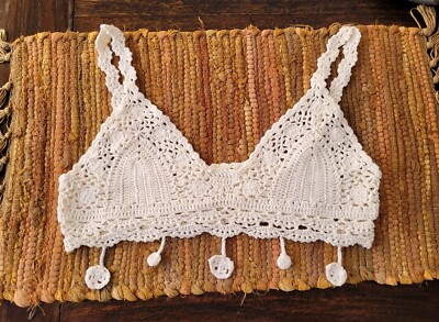 Ivory Crochet Lace Bralette Bra Boho Beach Bikini Halter Cami Tank Crop Top S/M