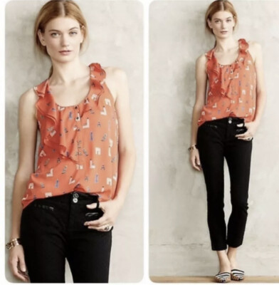 MAEVE Anthropologie Orange Ruffle Eiffel Tower Spring Top Tank Blouse Women's 4