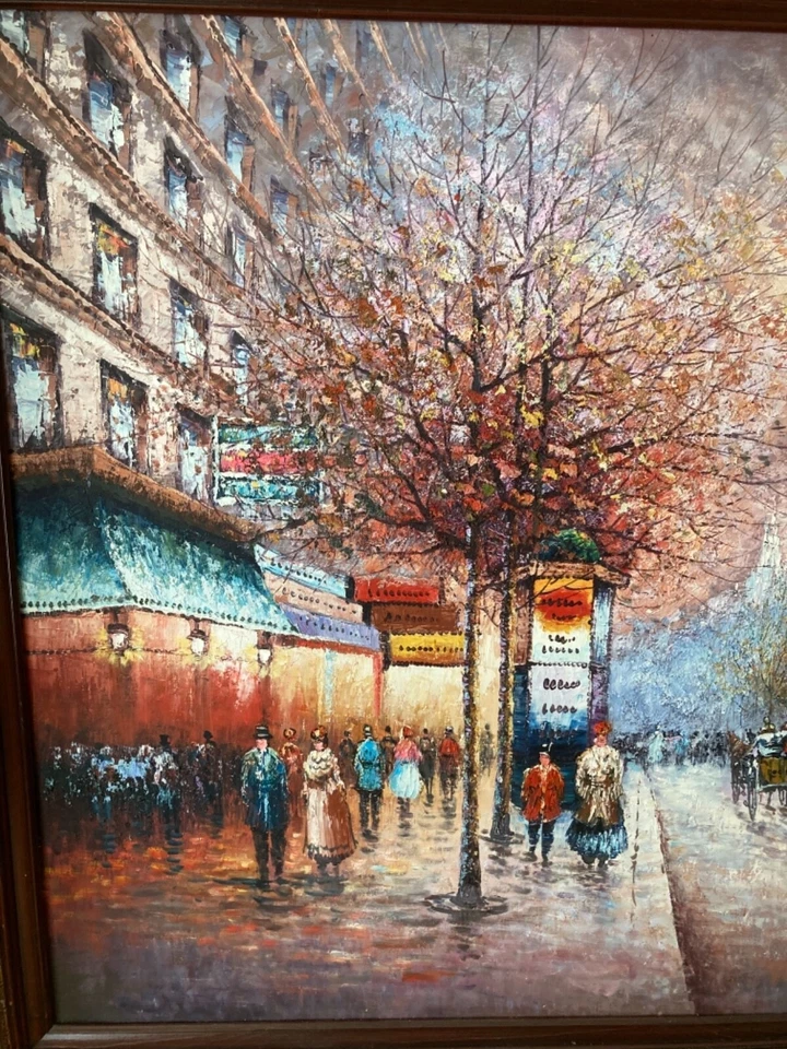 P. Sanchez Signed Victorian Era Paris Street Scene 48”x 36” Oil Painting Framed  - Image 3 of 4