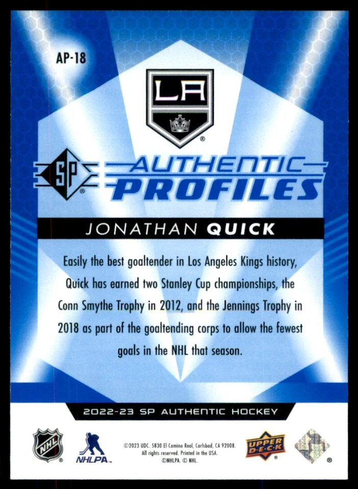 2022-23 SP Authentic Profiles Blue Jonathan Quick #AP-18 - Image 2 of 2