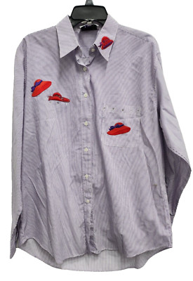 Las Olas Womens Red Hat Shirt Large Purple Striped Rhinestone Long Sleeve Artsy