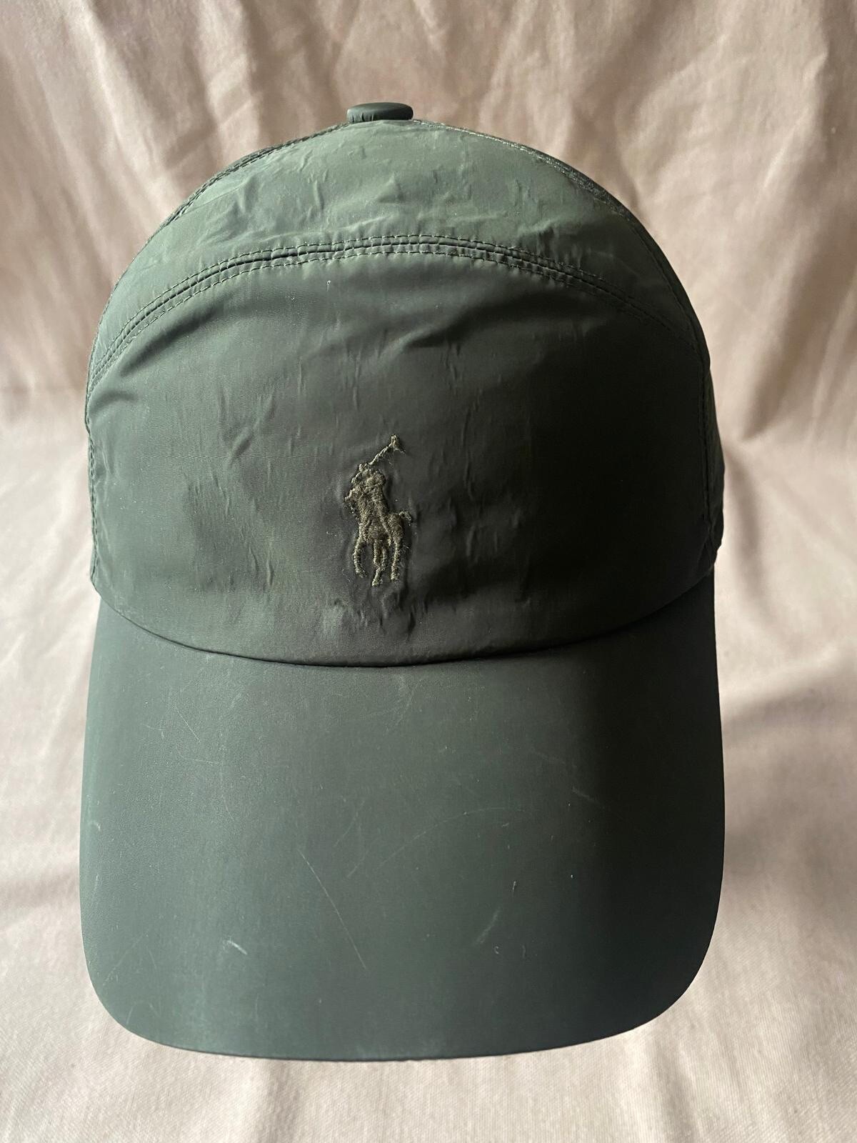 PONY Cappello verde polo Ralph Lauren 7 pannelli cinturino in pelle fodera lana taglia unica