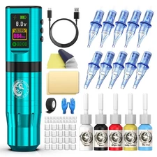 Tattoo Gun Kit, Wormhole Kit Wireless Machine with Blue 