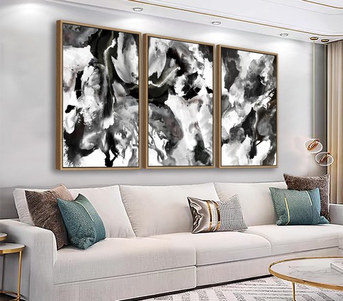 Large Abstract Wall Art for Living Room Natural Wood Float Framed Art Set of ...