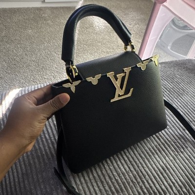 Louis Vuitton Black Pebbled Top Handle Satchel, Detachable Strap, Gold Hardware