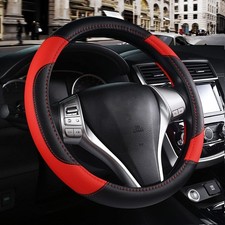 Leather Car Steering Wheel Cover Black Red Breathable Microfiber Non-Slip