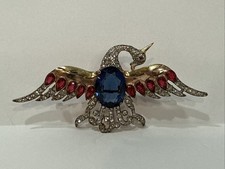 Vintage Crown Trifari Bird Brooch Red, White & Blue Sterling Bird of Paradise