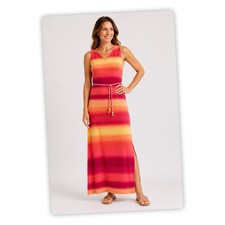 Chicos Maxi Dress Womens 0 Pink Orange Stripe Sleeveless Tie Waist Boho
