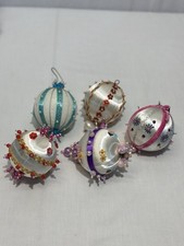 Set Of 5 Vintage Multicolor Beaded Satin Sequin Christmas Ornaments Push Pin