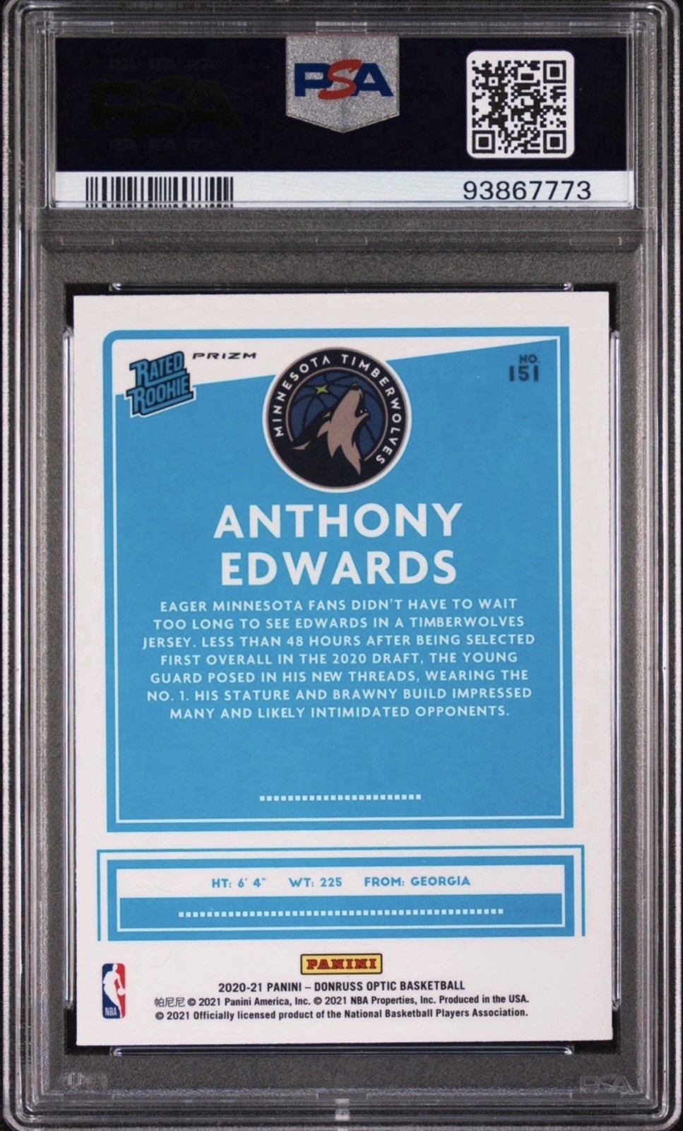 2020 DONRUSS OPTIC ANTHONY EDWARDS FANATICS BOX SET PSA 10 Gem Mint Rookie RC view 2