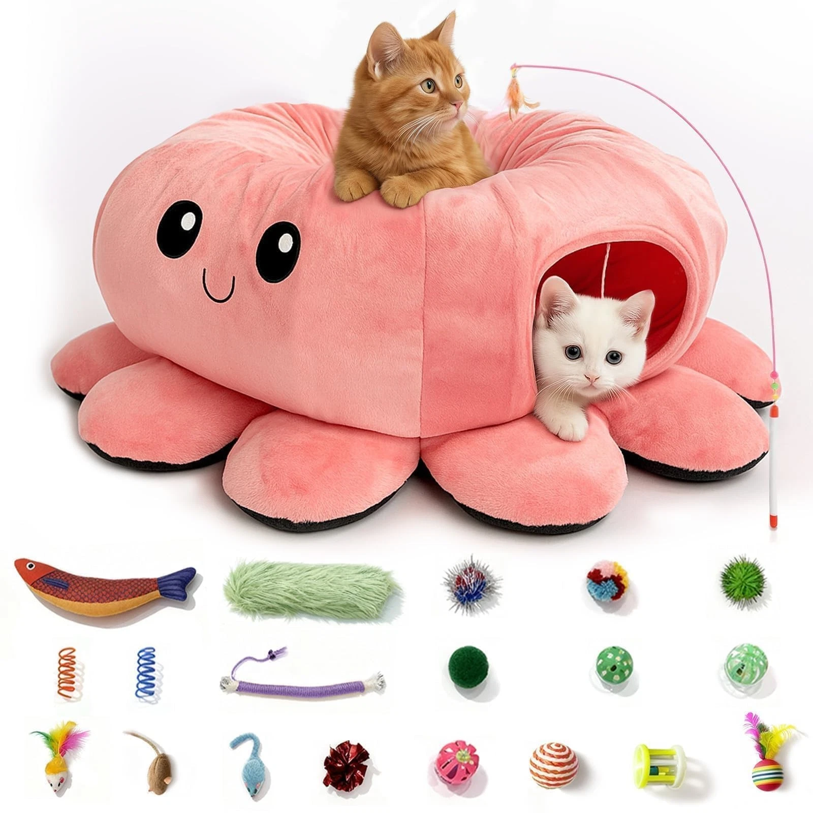 Cat Tunnel Bed with 20 Cat Toys, Collapsible Play Tunnel for Indoor Cats, Kit...