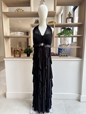 Betsy & Adam Black Halter Ruffle-Tier Evening Maxi Dress W16