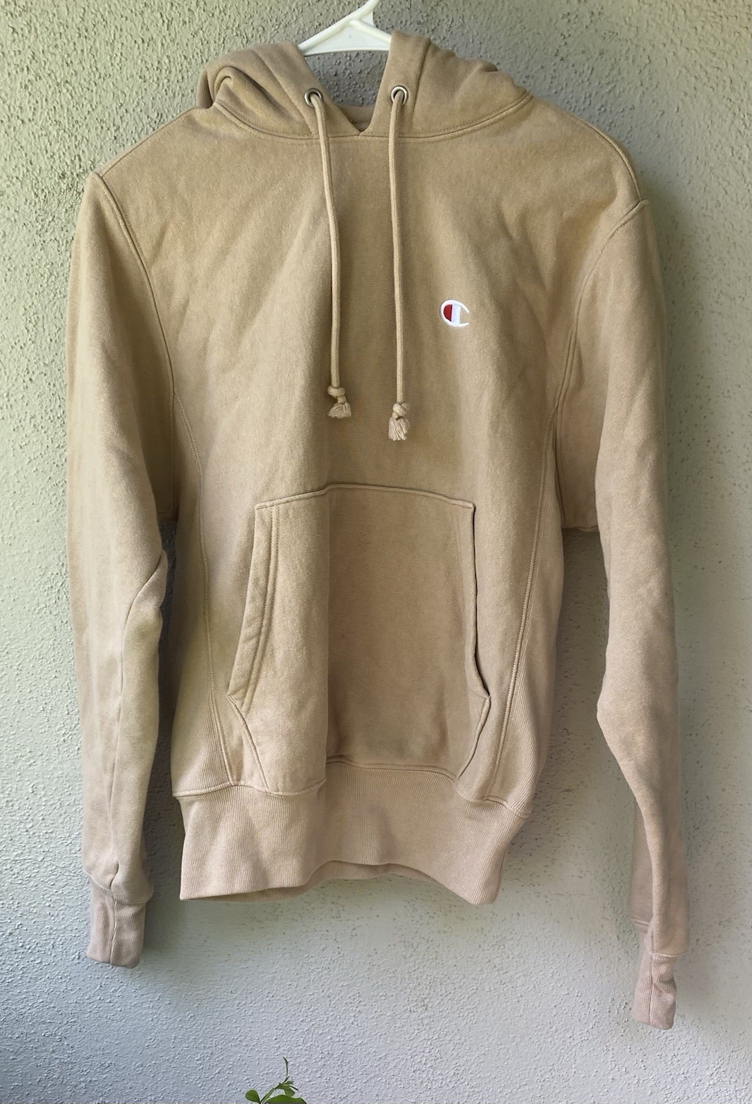 Champion Reverse Weave Beige Fleece Pullover Hoodie Drawstring Pockets Men's XS
