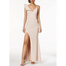 XSCAPE Ruffle Gown Women 10 Blush Pink New One Shoulder V-Neck High Slit 1080X