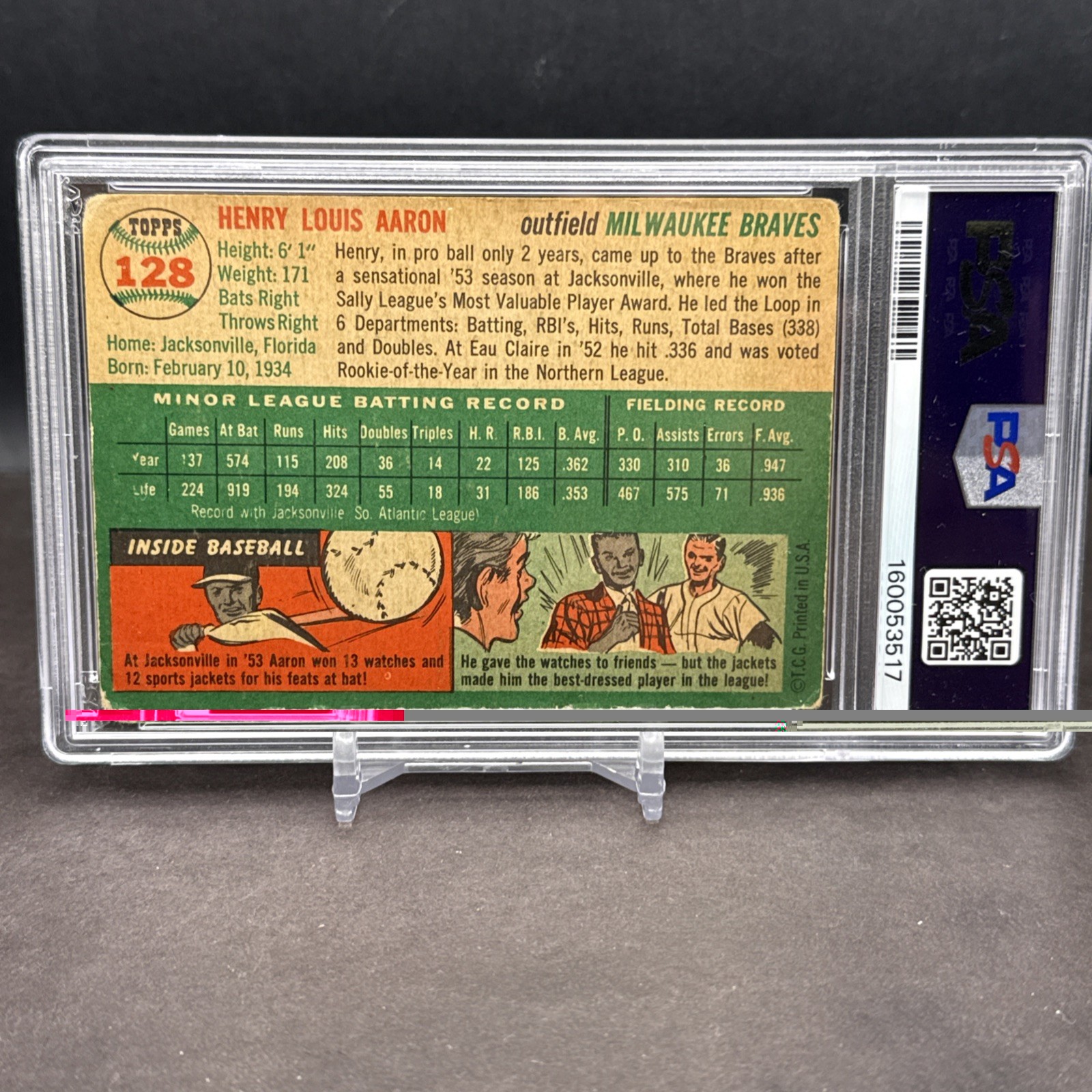 Henry Aaron 1954 Topps Baseball #128 Hank Aaron RC PSA 1 Milwaukee Braves ES5 view 2