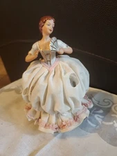 VTG  Dresden Lace Porcelain Victorian Woman With Fan, Visable Defects  Germany
