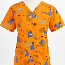 Disney Halloween Scrub Top S Eeyore Orange Spiders Webs Everyday Is Halloween