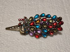 Peacock Hair Clip With Colorful Gemstones  Antique Gold Finish