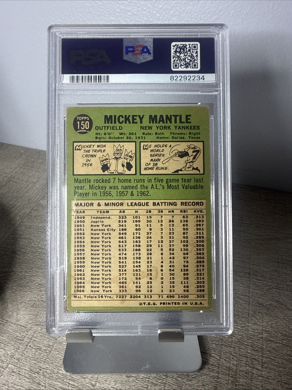 1967 TOPPS - MICKEY MANTLE #150 - NEW YORK YANKEES HOF - PSA 3 view 2