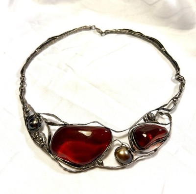 Art Nouveau Style Artisan Free-form 925  Necklace w/large Red Amber, Dark Pearls