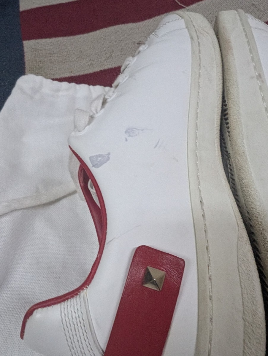VALENTINO GARAVANI White/Red Stud Leather V Logo Perforated