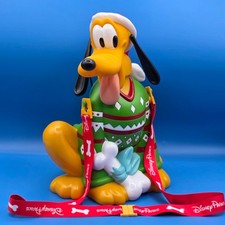 Disneyland Disney Pluto Christmas Popcorn Holder Bucket Park Exclusive W/Lanyard