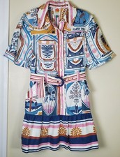 Farm Rio Cerrado Stamps Linen Dress Medium Safari Jungle Belted Tiered Ruffle