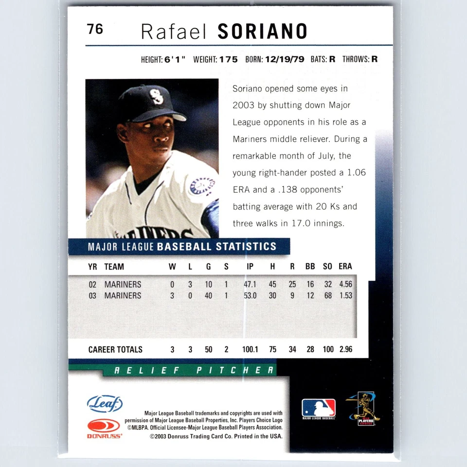 2004 Leaf Rafael Soriano #76 Seattle Mariners - Image 2 of 2