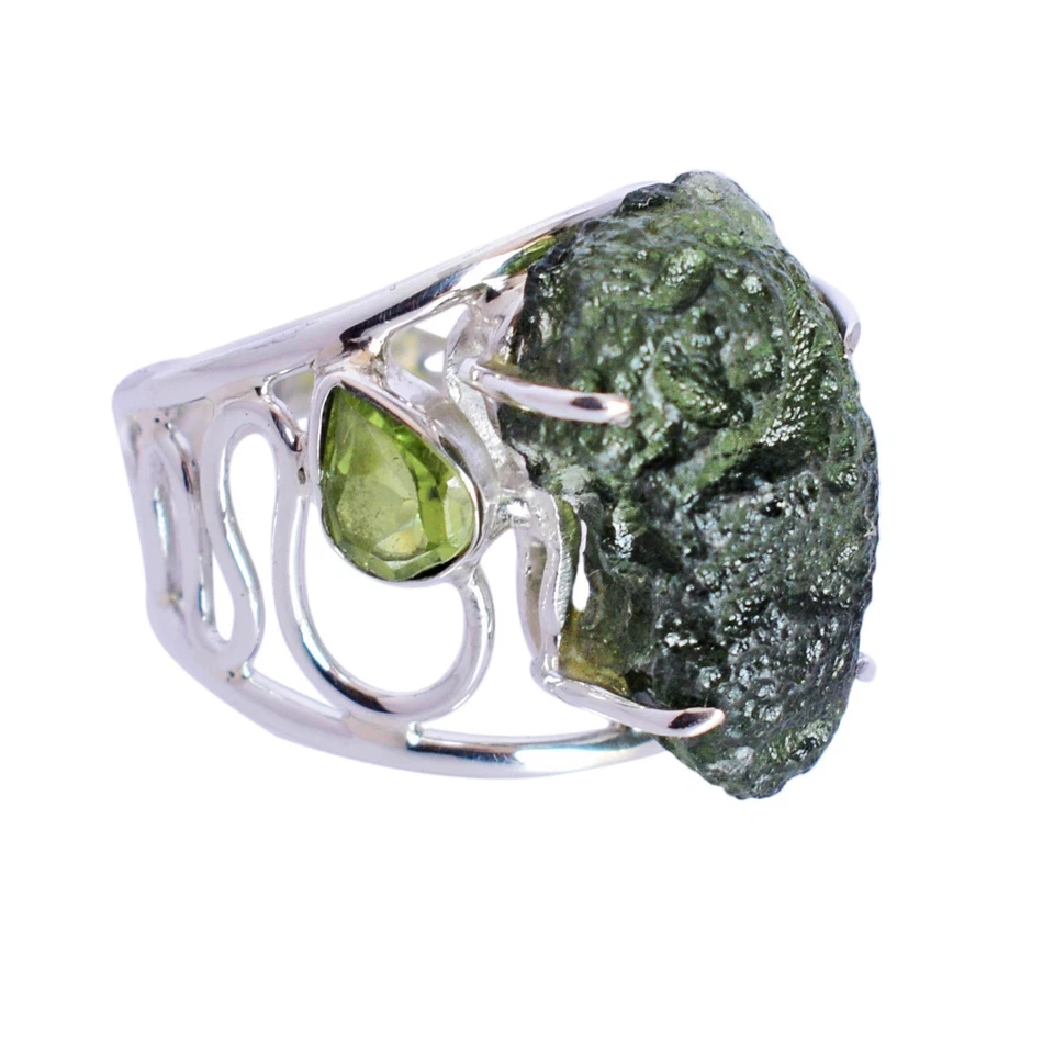 Anello Moldavite Naturale Argento Sterling 925 Peridoto Gemma Anniversario... - Immagine 2 di 4