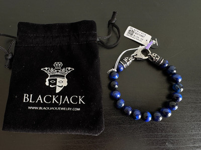 Blackjack Mens Genuine Blue Tiger Eye Stainless Steel Beaded Bracelet New $110