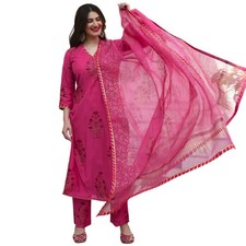 GoSriKi Women's Cotton Blend Straight Kurta with Pant Dupatta