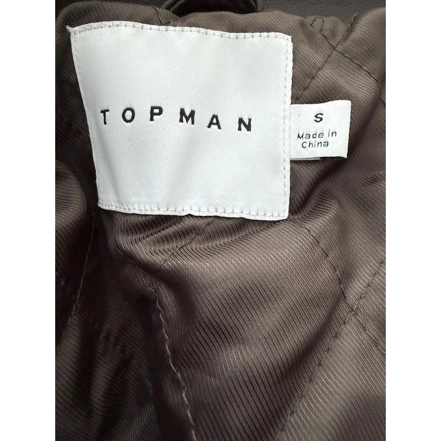 Topman Mens Dark Brown Faux Vegan Leather Trucker Jacket Size S Quilted Lined - product detail image 3