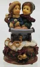 Vanmark Sweet Cakes Music Box Figurines Sleigh Ride Christmas Cute Boy & Girl 